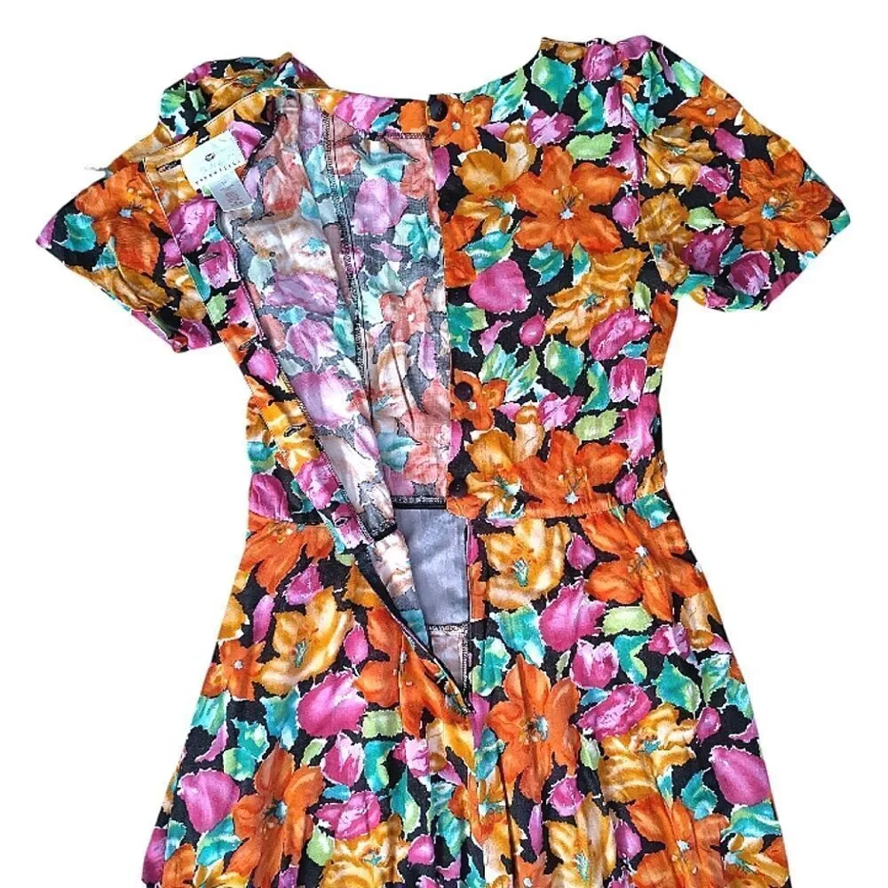 VTG 80s Bright Floral V Waist Midi Dress SZ 12 *Fits like Med Gardencore‎
